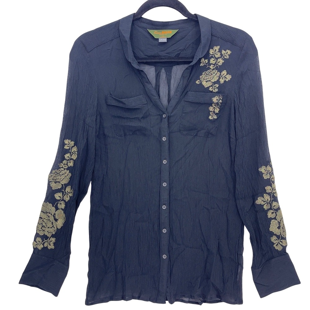 Eddie Bauer Black Floral Gold Embroidered Crinkle Button Up Shirt S Long Sleeve